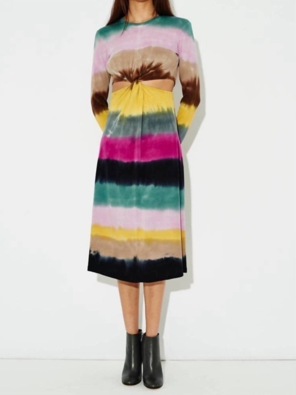 New Raquel Allegra nadia twisted cut out dress in bright tie dye rainbow striped